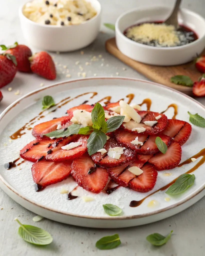 Le carpaccio de fraises au basilic et balsamique